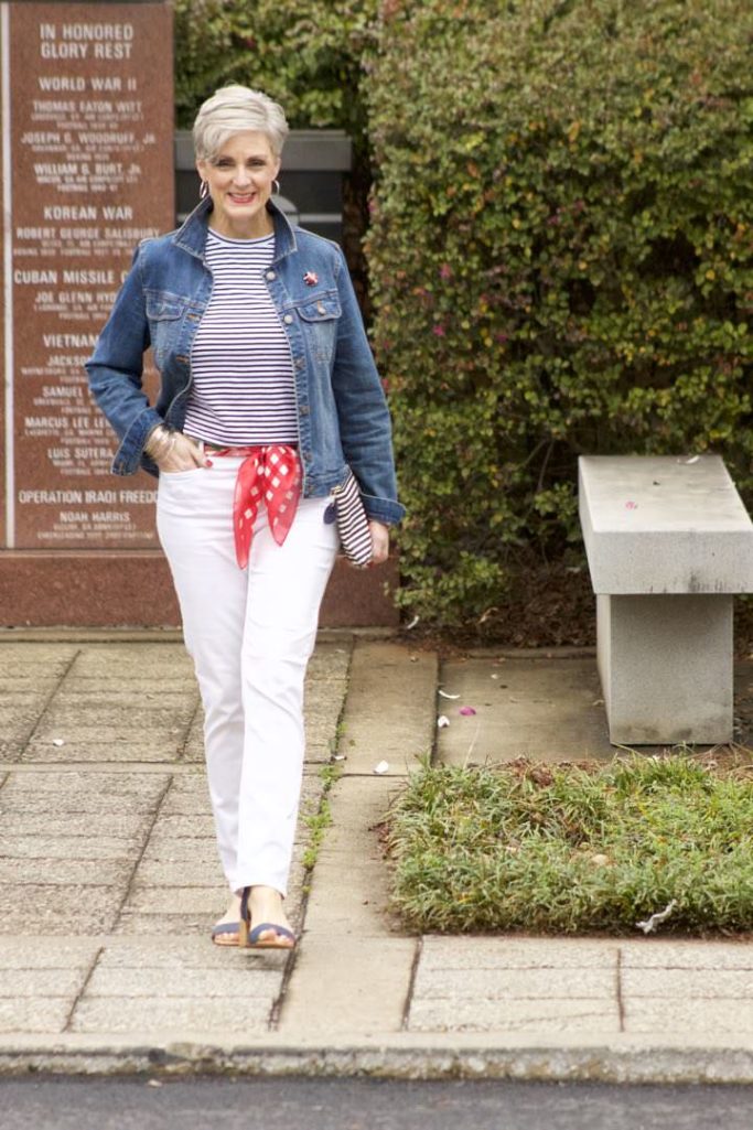 ann taylor white denim, urban outfitters stripe tee, old navy denim jacket, talbots scarf and clutch, target block heel sandals