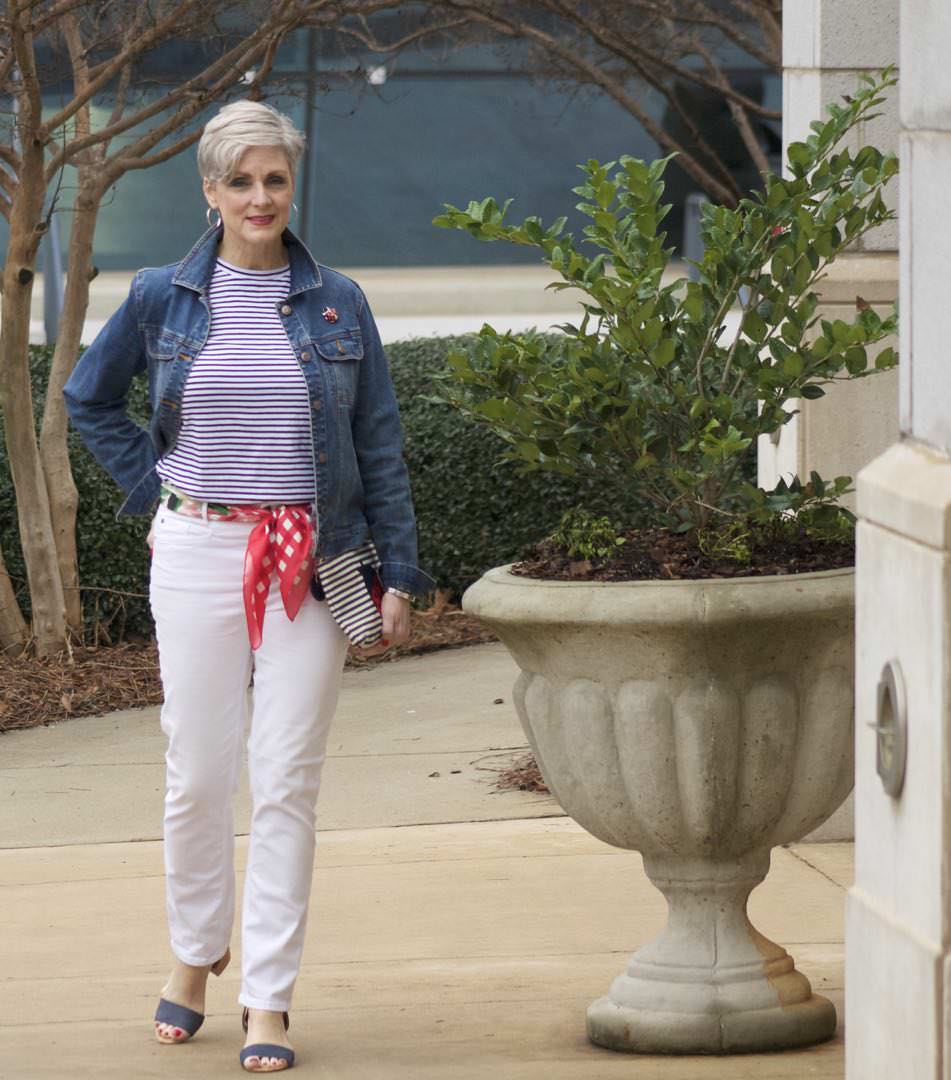 ann taylor white denim, urban outfitters stripe tee, old navy denim jacket, talbots scarf and clutch, target block heel sandals