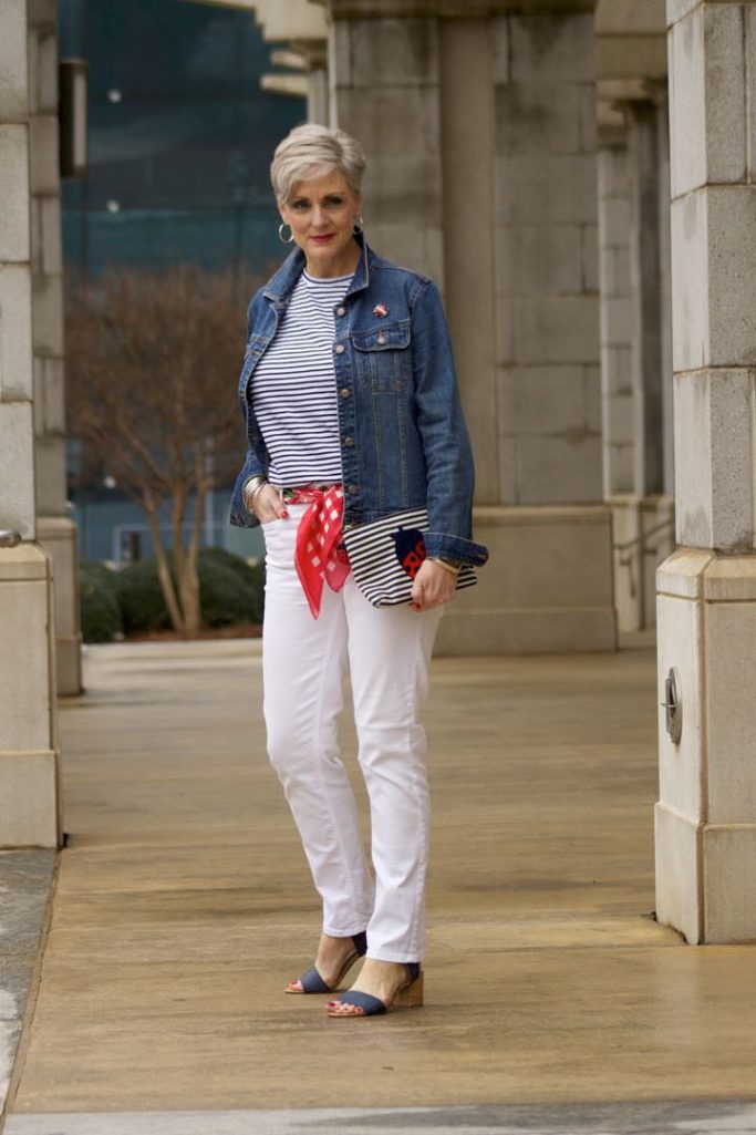 ann taylor white denim, urban outfitters stripe tee, old navy denim jacket, talbots scarf and clutch, target block heel sandals