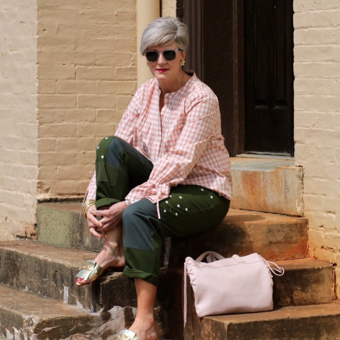 j.crew gingham blouse, j.crew patchwork chinos, kate spade sandals, talbots sunglasses