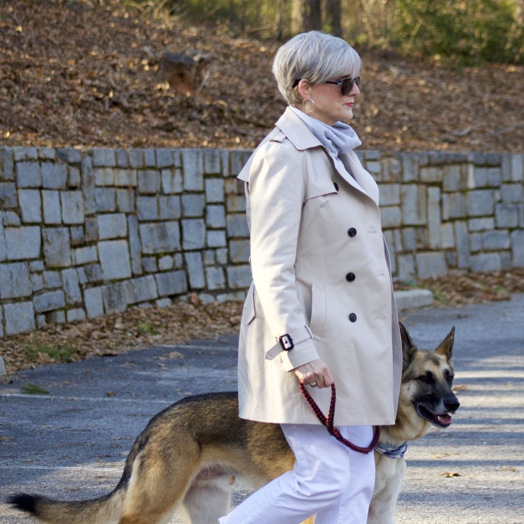 trench coat, talbots white boyfriend jeans, athleta sweatshirt, leopard calf hair flats