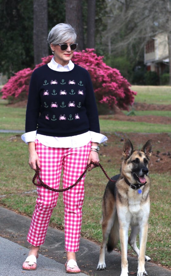 boden gingham pants, talbots embroidered sweater, talbots white shirt, jack rogers sandals