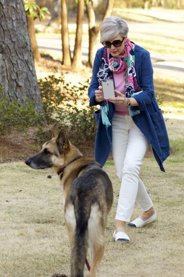 anthropologie waterfall jean jacket, talbots pink side tie sweater, everlane ecru denim, tory burch espadrilles, talbots pattern scarf