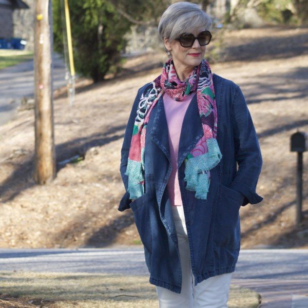 anthropologie waterfall jean jacket, talbots pink side tie sweater, everlane ecru denim, tory burch espadrilles, talbots pattern scarf