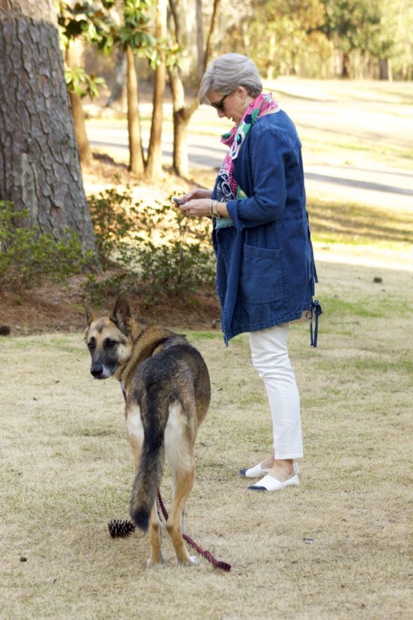 anthropologie waterfall jean jacket, talbots pink side tie sweater, everlane ecru denim, tory burch espadrilles, talbots pattern scarf