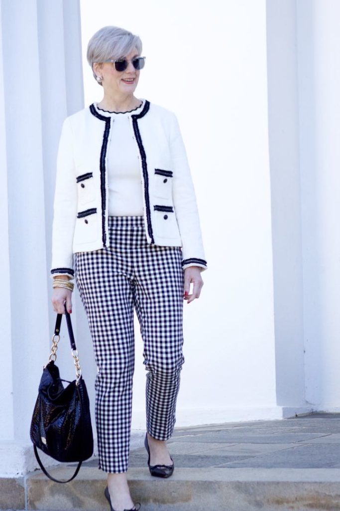 talbots gingham pants, zara rick rack sweater. talbots fringe blazer, gucci black pumps, michael kors hobo ban