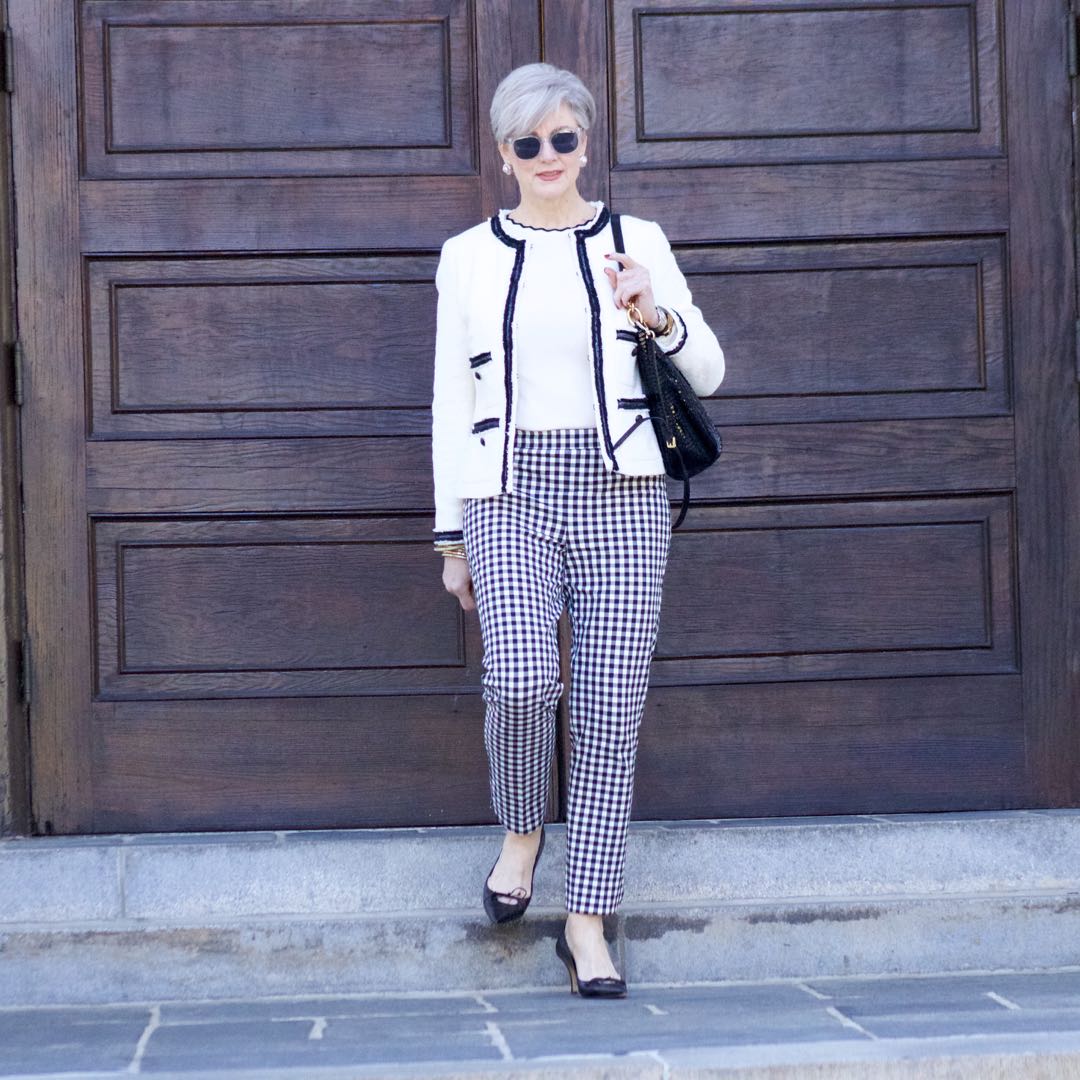 talbots gingham pants, zara rick rack sweater. talbots fringe blazer, gucci black pumps, michael kors hobo ban