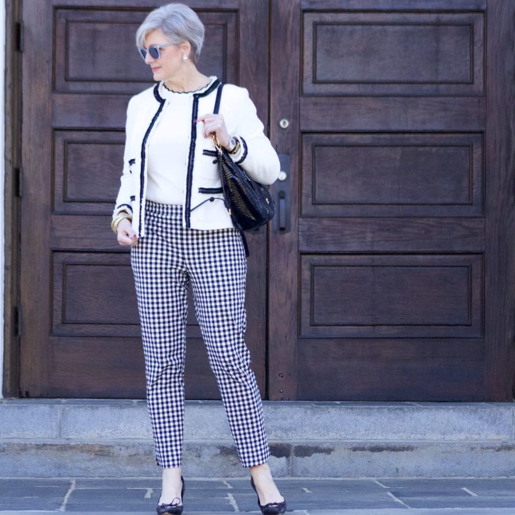 talbots gingham pants, zara rick rack sweater. talbots fringe blazer, gucci black pumps, michael kors hobo ban