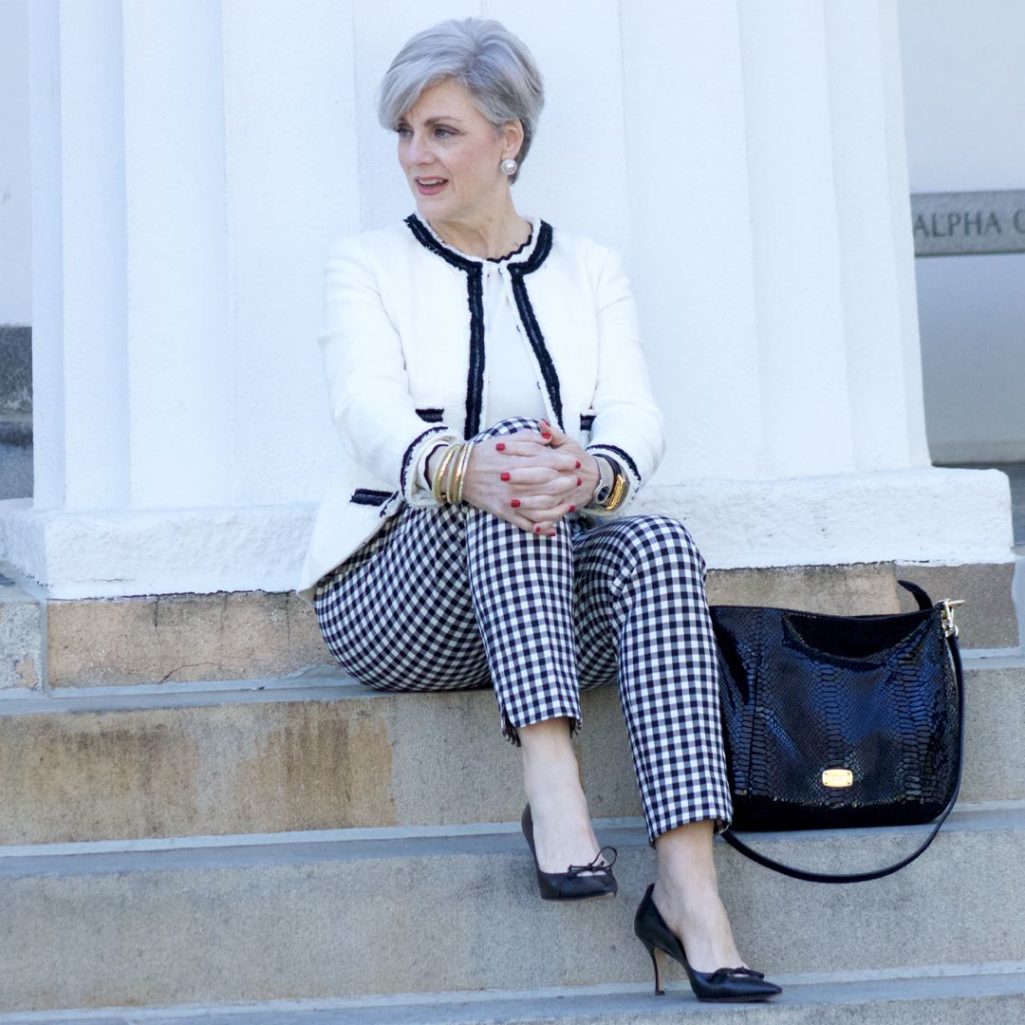 talbots gingham pants, zara rick rack sweater. talbots fringe blazer, gucci black pumps, michael kors hobo ban