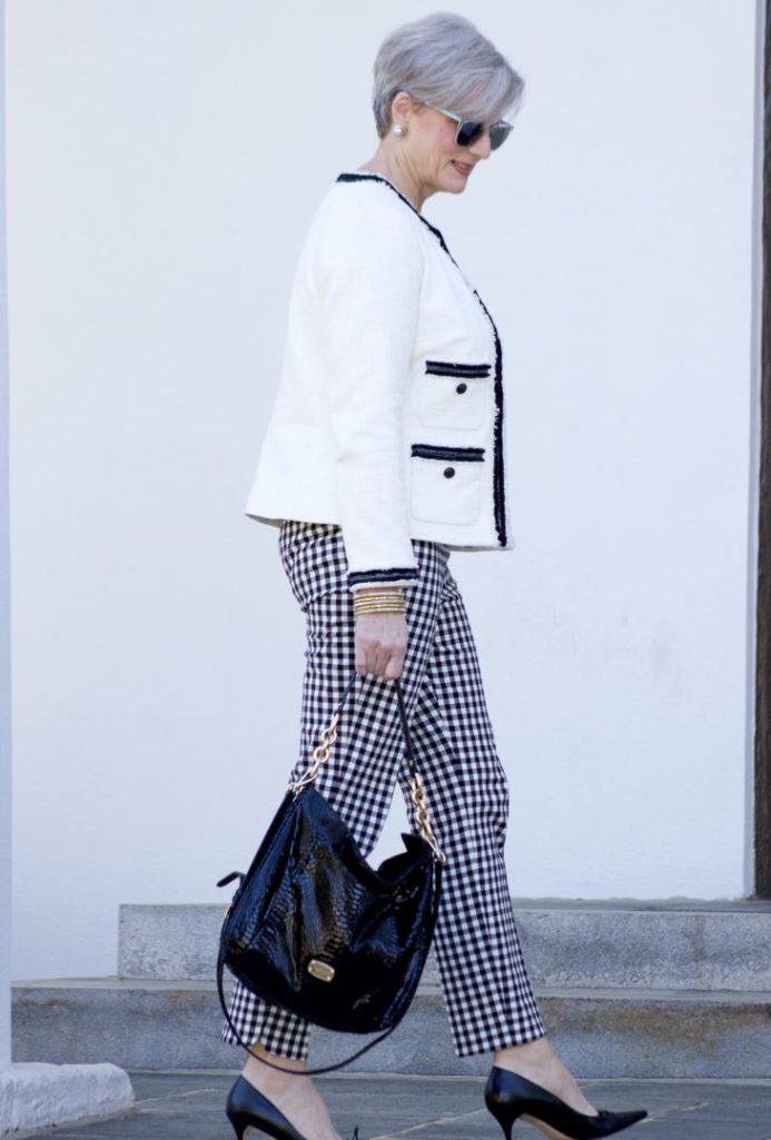 talbots gingham pants, zara rick rack sweater. talbots fringe blazer, gucci black pumps, michael kors hobo ban