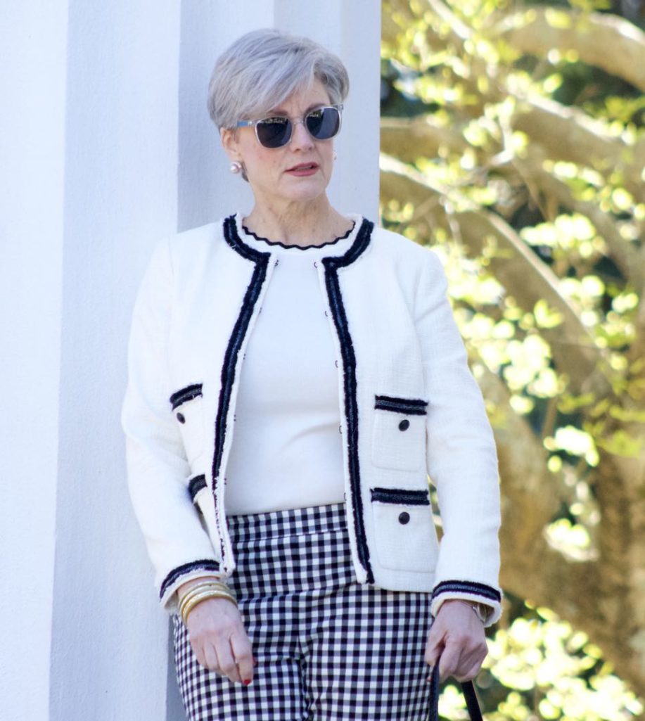 talbots gingham pants, zara rick rack sweater. talbots fringe blazer, gucci black pumps, michael kors hobo ban