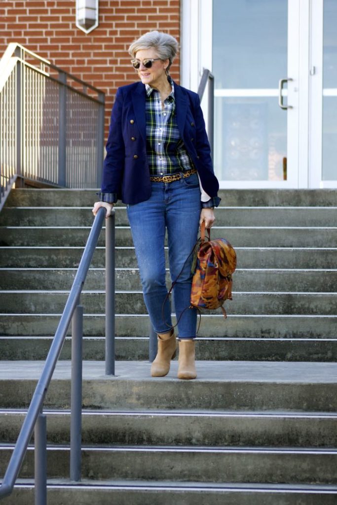 j.crew skinny jeans, j.crew plaid shirt, banana republic navy blazer, banana republic suede booties, patricia nash backpack