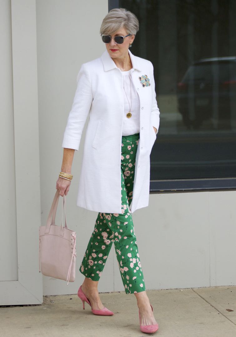 boden white jacket, boden linen shirt, boden green print pants, j.crew pink suede shoes