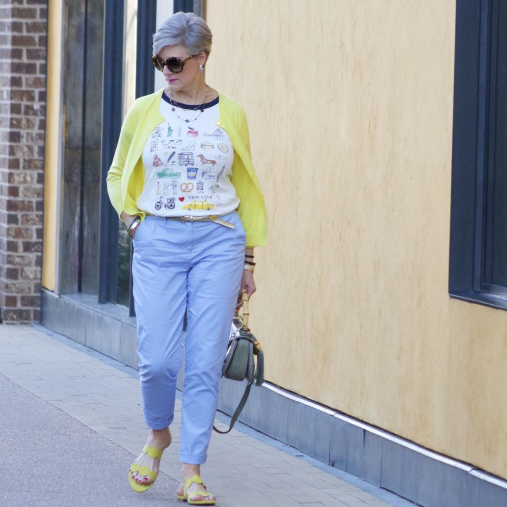 J.Crew New York tee, Boden Blue Chinos, J.Crew Italian Cashmere Cardigan, Boden Yellow Sandals, Gucci Bamboo Handbag