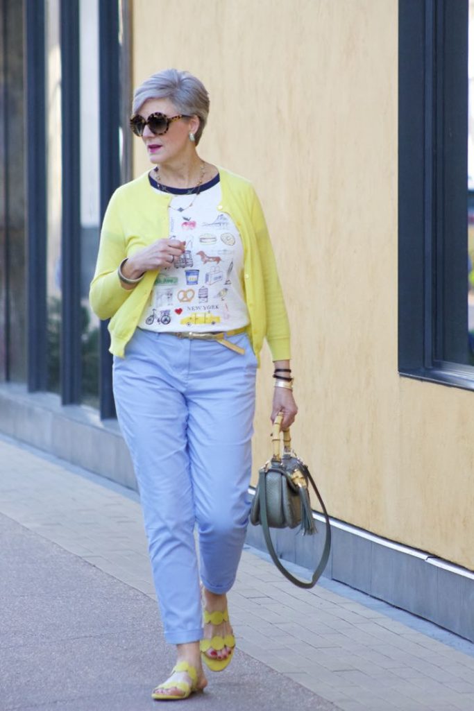 J.Crew New York tee, Boden Blue Chinos, J.Crew Italian Cashmere Cardigan, Boden Yellow Sandals, Gucci Bamboo Handbag