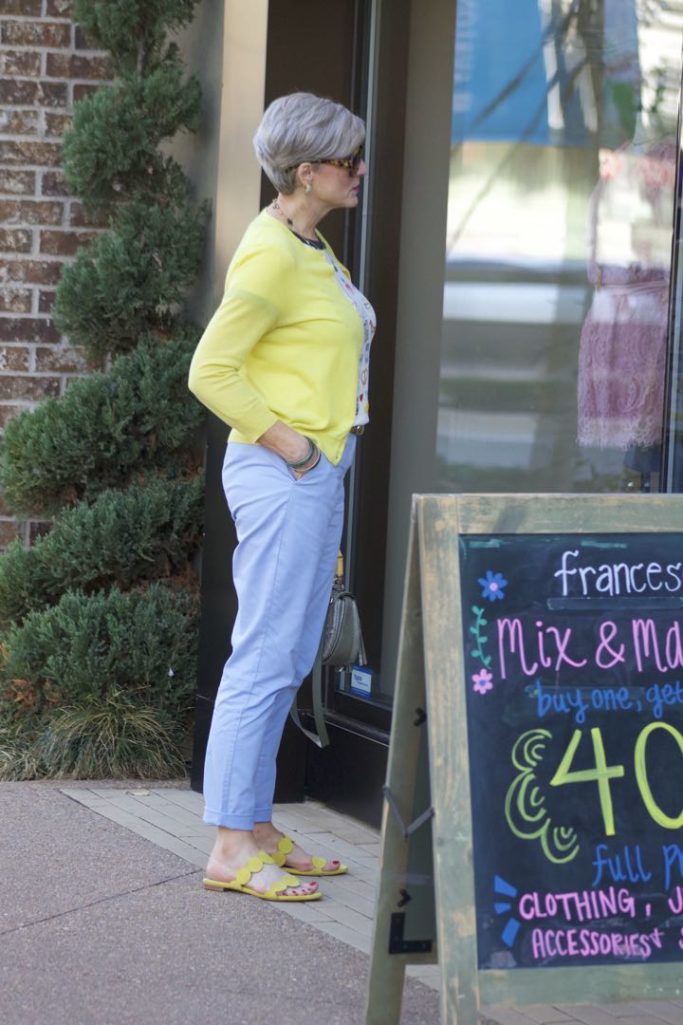 J.Crew New York tee, Boden Blue Chinos, J.Crew Italian Cashmere Cardigan, Boden Yellow Sandals, Gucci Bamboo Handbag