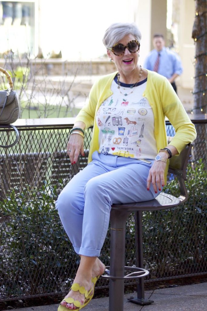 J.Crew New York tee, Boden Blue Chinos, J.Crew Italian Cashmere Cardigan, Boden Yellow Sandals, Gucci Bamboo Handbag