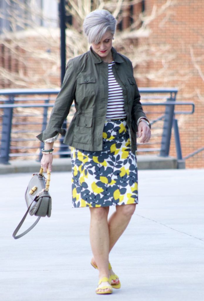 boden pencil skirt, boden breton tee, talbots utility jacket, gucci bamboo handle handbag, boden yellow suede sandals