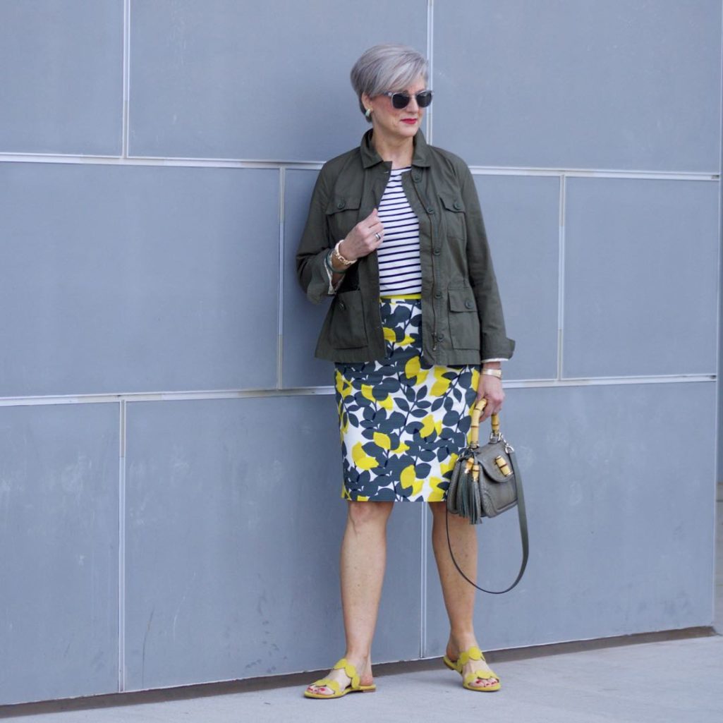 boden pencil skirt, boden breton tee, talbots utility jacket, gucci bamboo handle handbag, boden yellow suede sandals