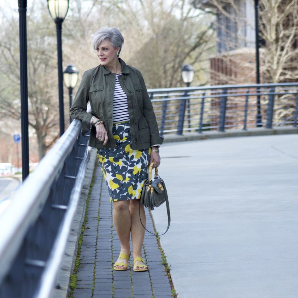 boden pencil skirt, boden breton tee, talbots utility jacket, gucci bamboo handle handbag, boden yellow suede sandals