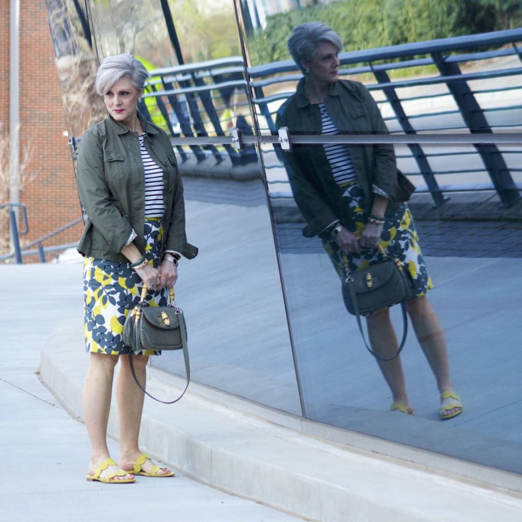 boden pencil skirt, boden breton tee, talbots utility jacket, gucci bamboo handle handbag, boden yellow suede sandals