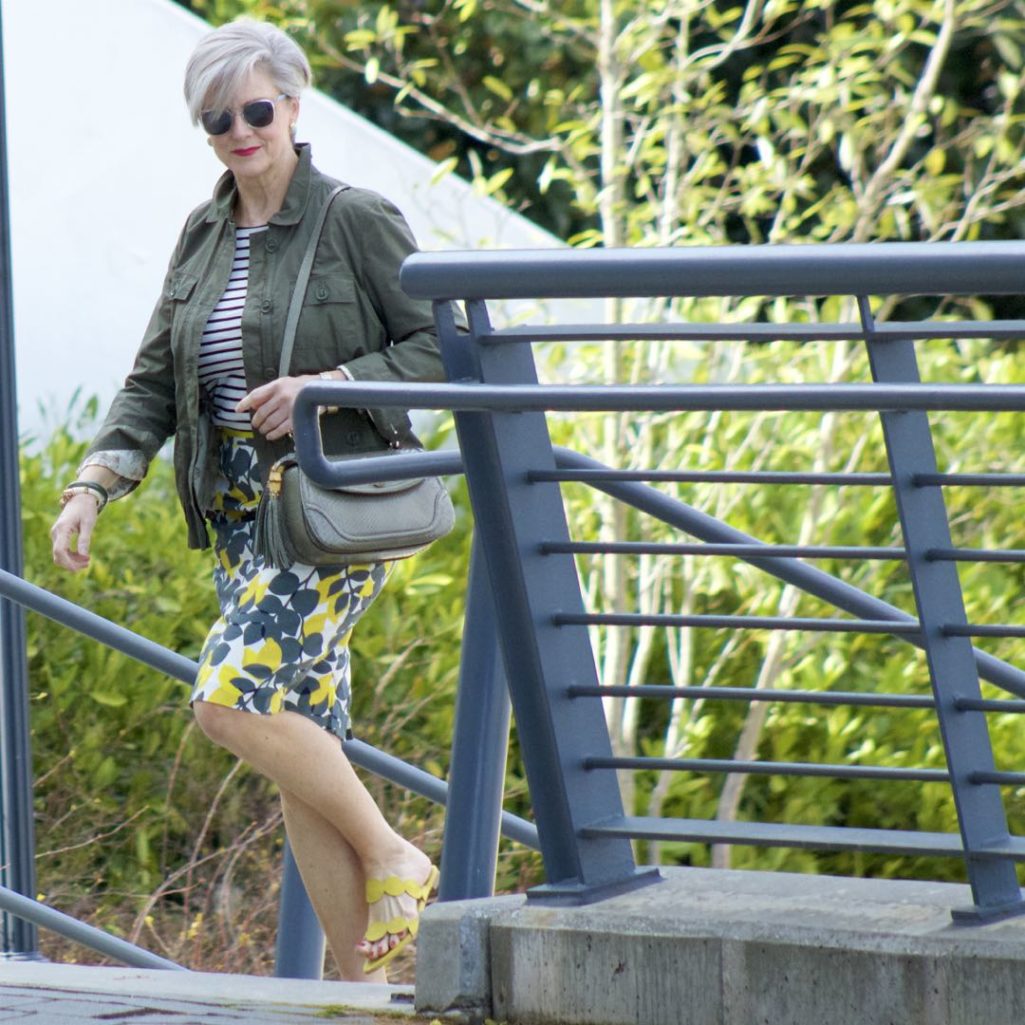 boden pencil skirt, boden breton tee, talbots utility jacket, gucci bamboo handle handbag, boden yellow suede sandals