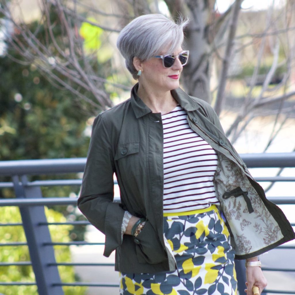 boden pencil skirt, boden breton tee, talbots utility jacket, gucci bamboo handle handbag, boden yellow suede sandals