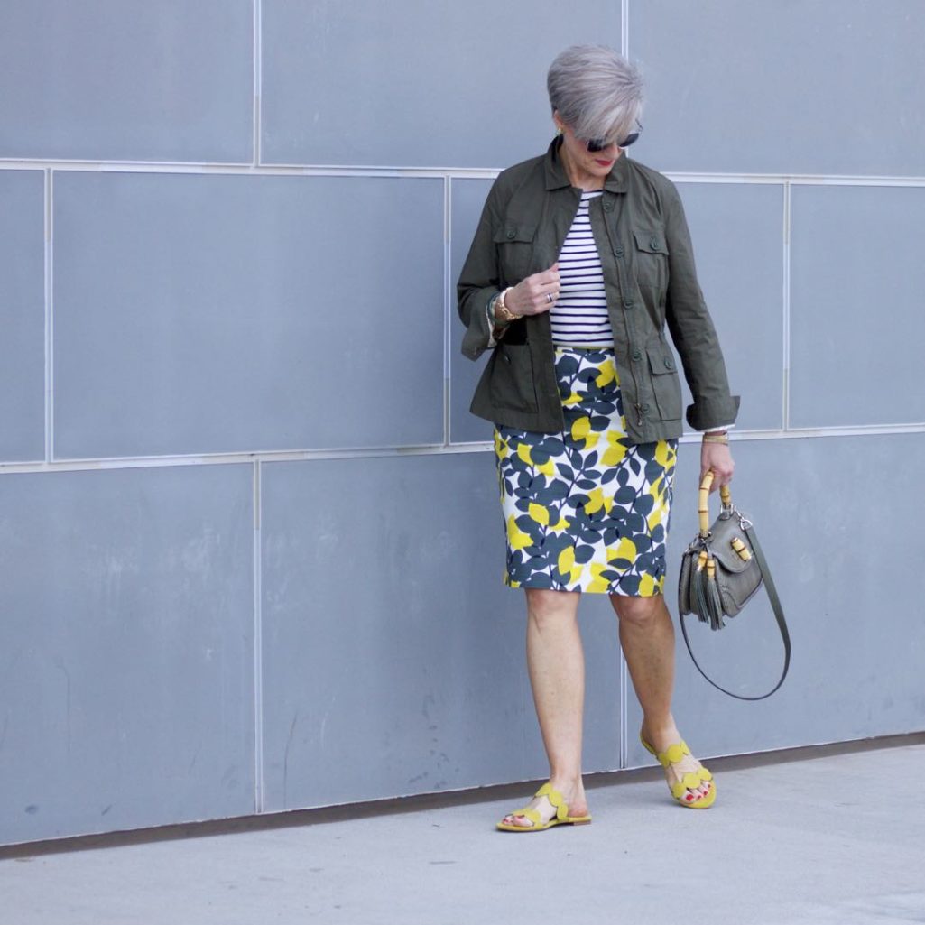 boden pencil skirt, boden breton tee, talbots utility jacket, gucci bamboo handle handbag, boden yellow suede sandals