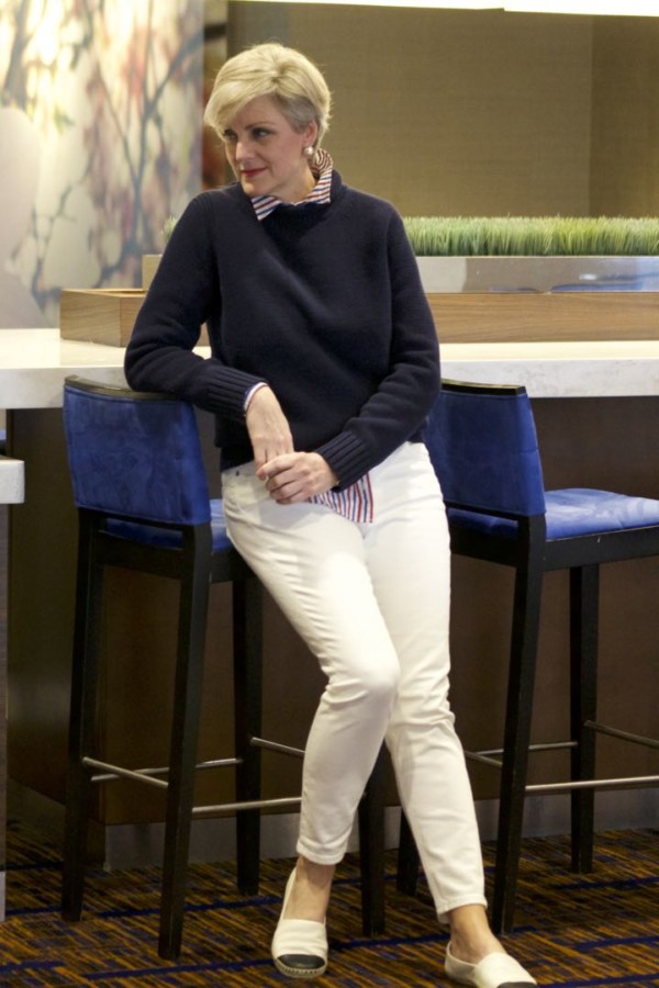 j.crew roll neck sweater, j.crew striped shirt, everlane denim, tory burch espadrilles