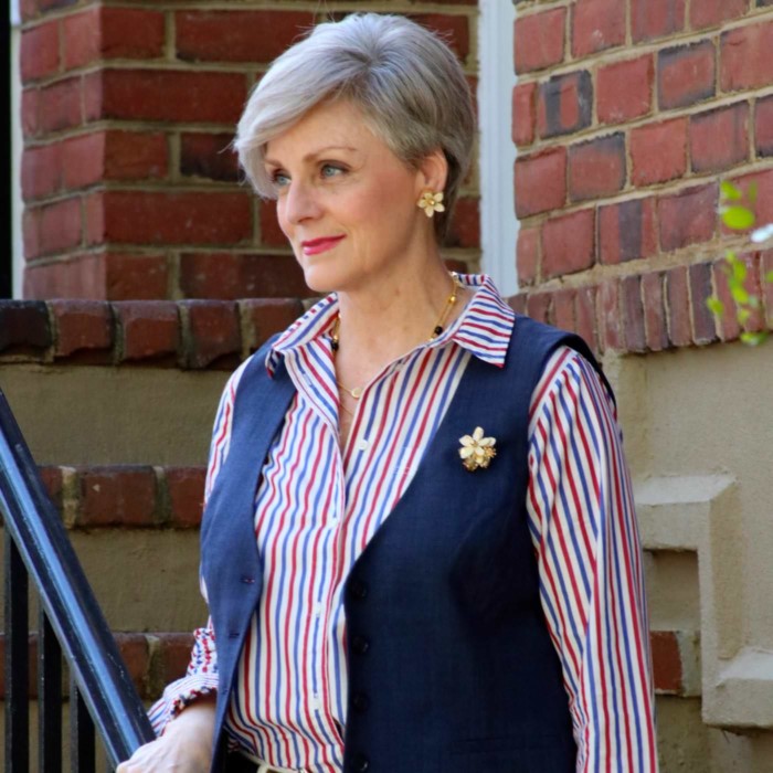 j.crew striped shirt, banana republic vest, everlane boyfriend jeans, everlane the day heel, banana republic soft garden brooch and earrings