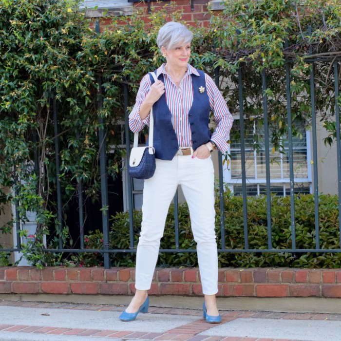 j.crew striped shirt, banana republic vest, everlane boyfriend jeans, everlane the day heel, banana republic soft garden brooch and earrings