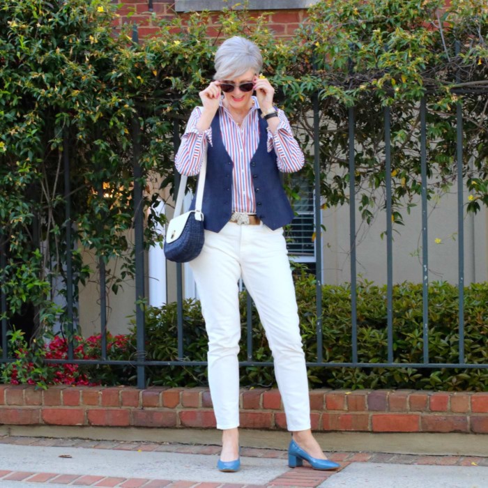 j.crew striped shirt, banana republic vest, everlane boyfriend jeans, everlane the day heel, banana republic soft garden brooch and earrings