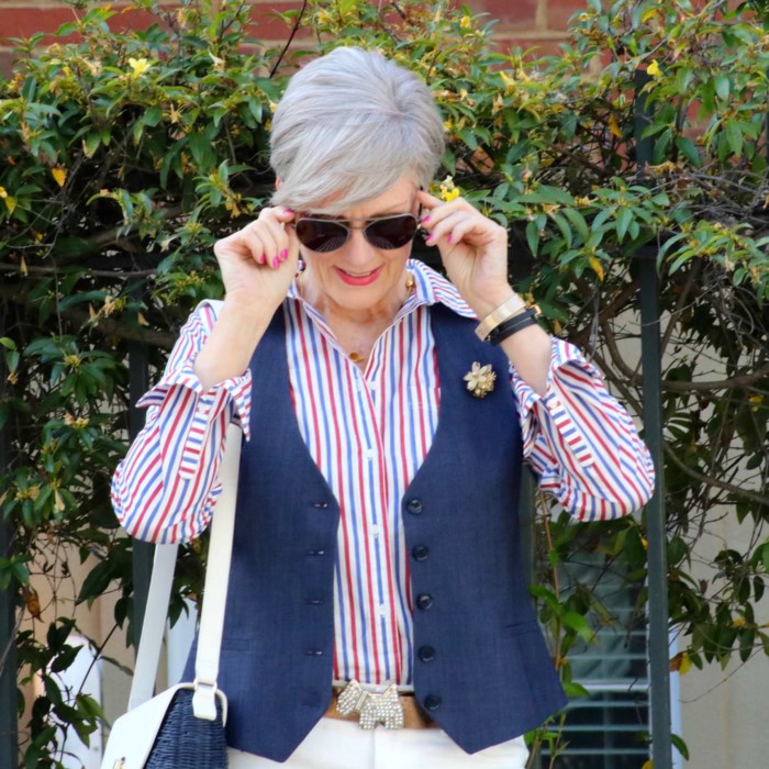 j.crew striped shirt, banana republic vest, everlane boyfriend jeans, everlane the day heel, banana republic soft garden brooch and earrings