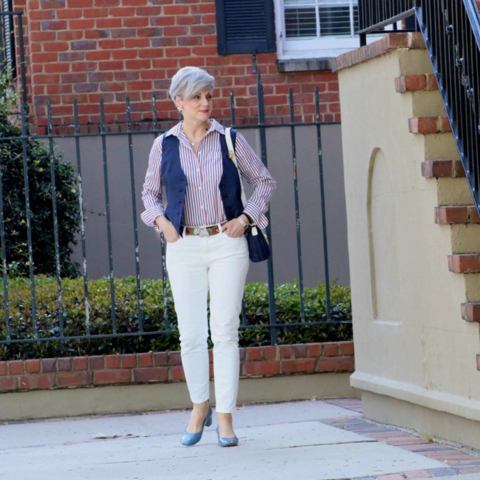 j.crew striped shirt, banana republic vest, everlane boyfriend jeans, everlane the day heel, banana republic soft garden brooch and earrings