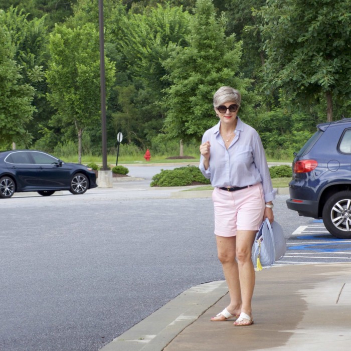 j.crew shorts, ralph lauren striped shirt, jack rogers sandals, o bag