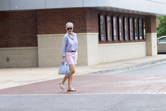 j.crew shorts, ralph lauren striped shirt, jack rogers sandals, o bag