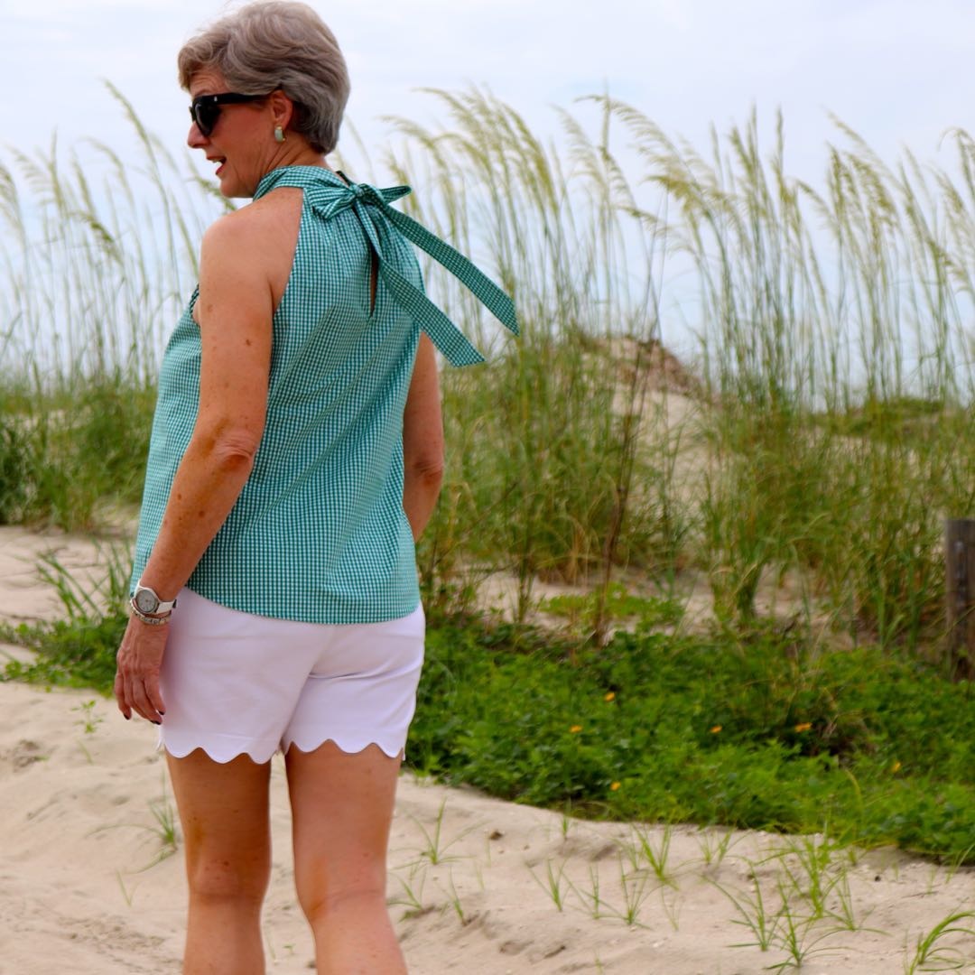 floral maxi skirt, white tee, gingham top, scalloped shorts, beaches