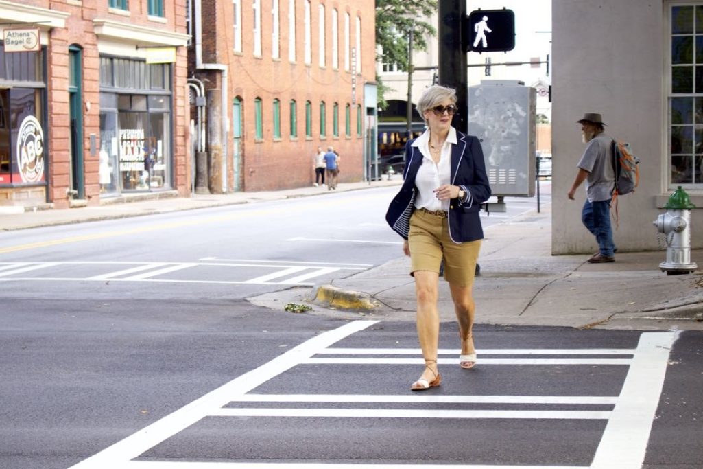 button up, blazer and chinos