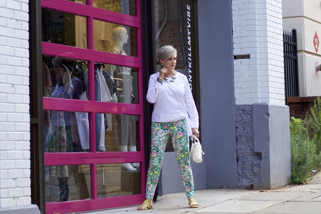 talbots floral pants, white blouse, boden yellow sandals