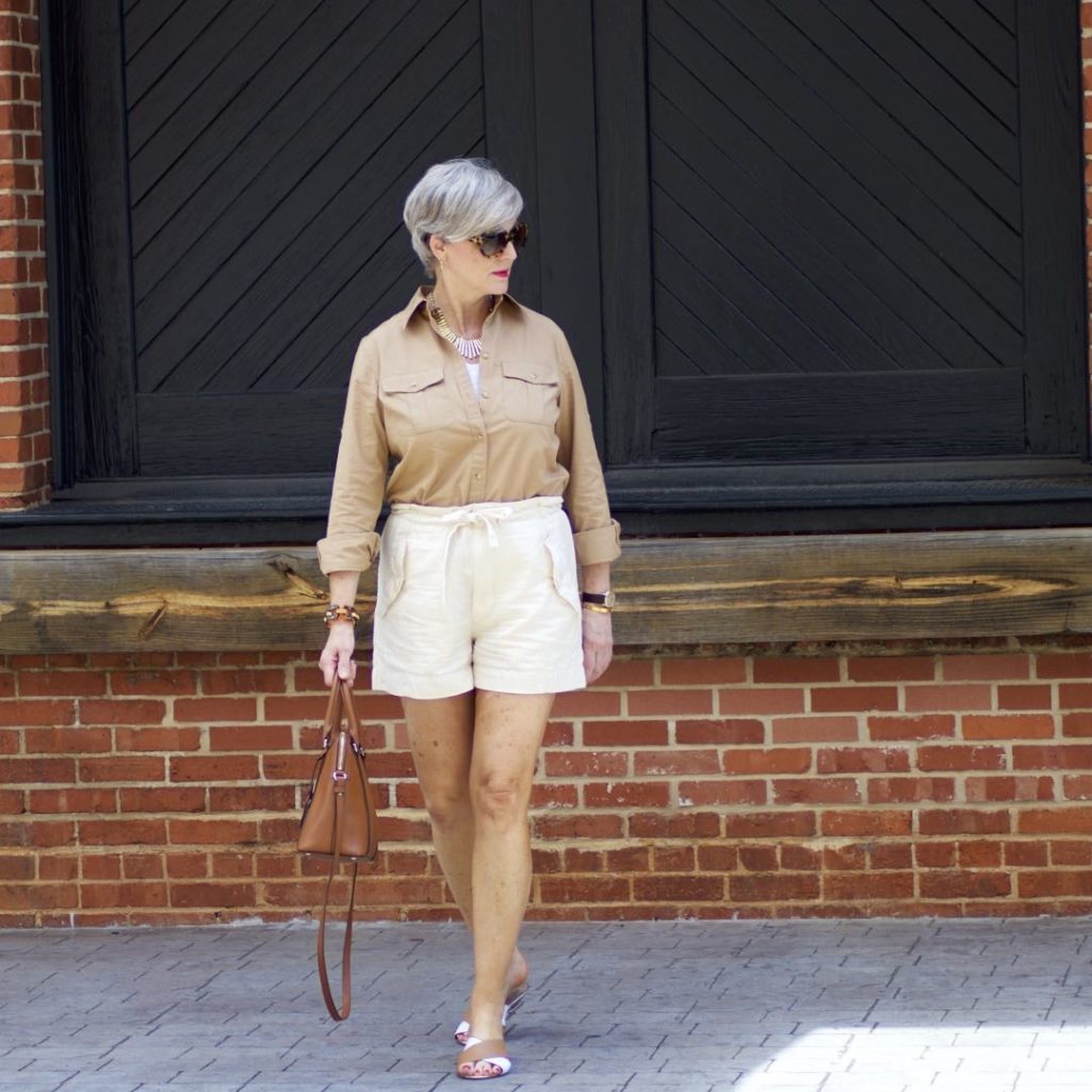 vince drawstring shorts, ralph lauren utility shirt, madewell tank