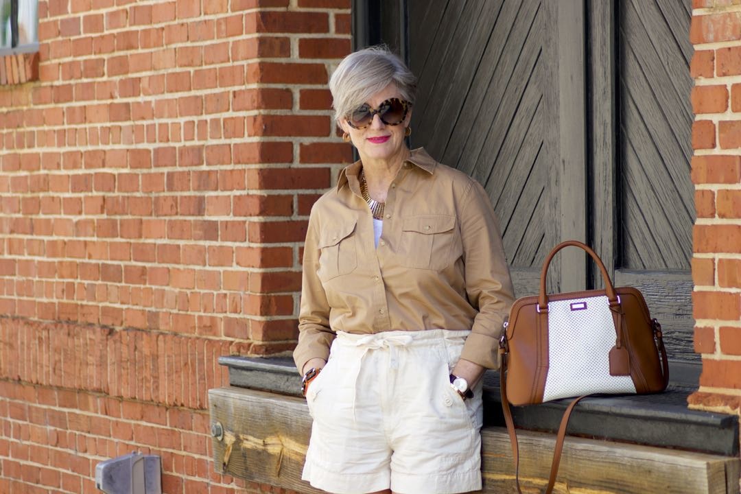 vince drawstring shorts, ralph lauren utility shirt, madewell tank