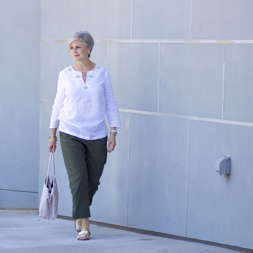 talbots linen tunic, theory linen pants, kate spade sandals, hanner clarke handbag