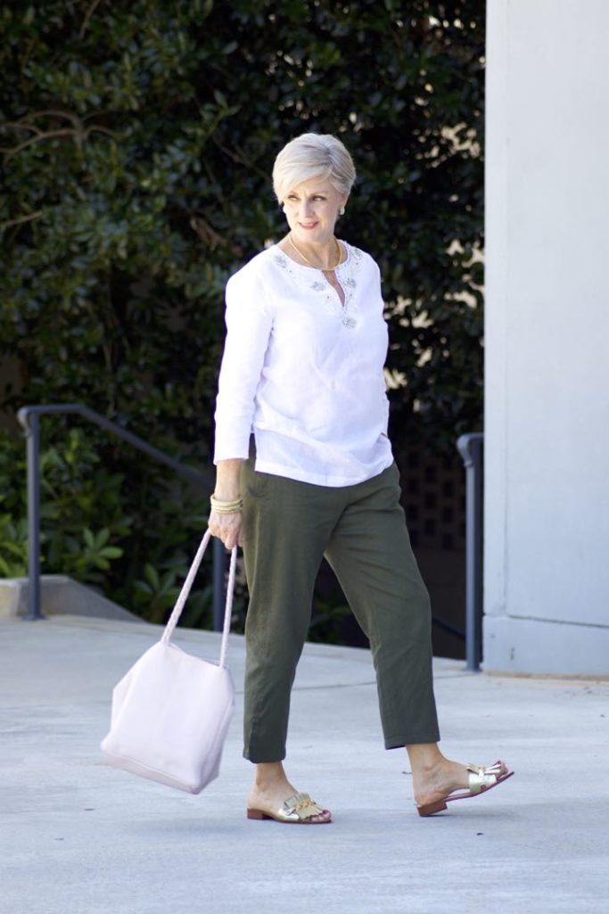 talbots linen tunic, theory linen pants, kate spade sandals, hanner clarke handbag