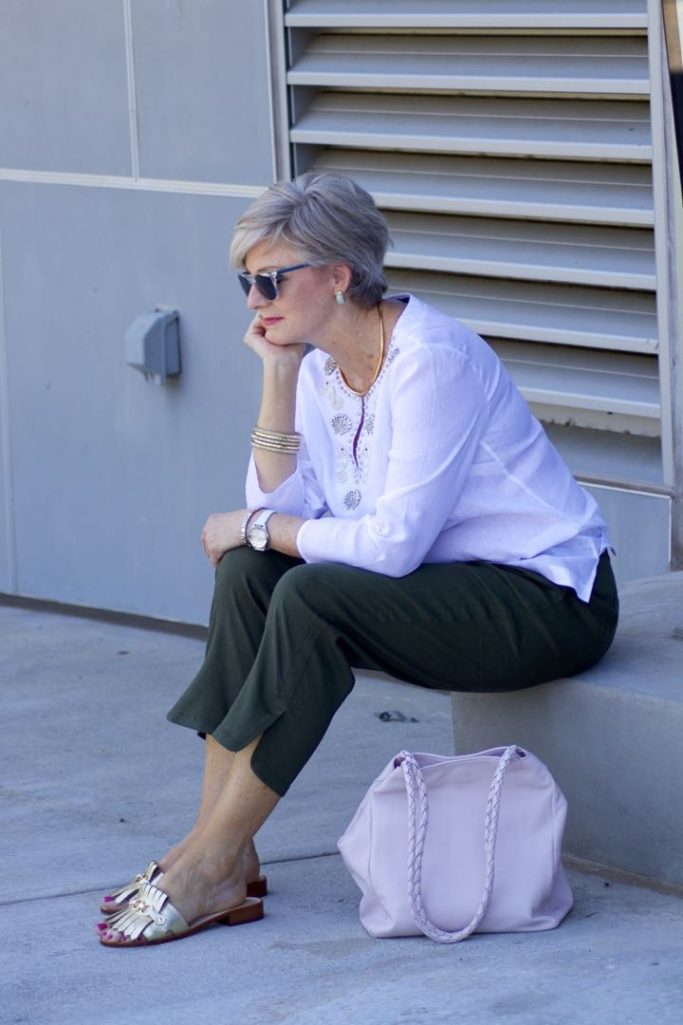 talbots linen tunic, theory linen pants, kate spade sandals, hanner clarke handbag