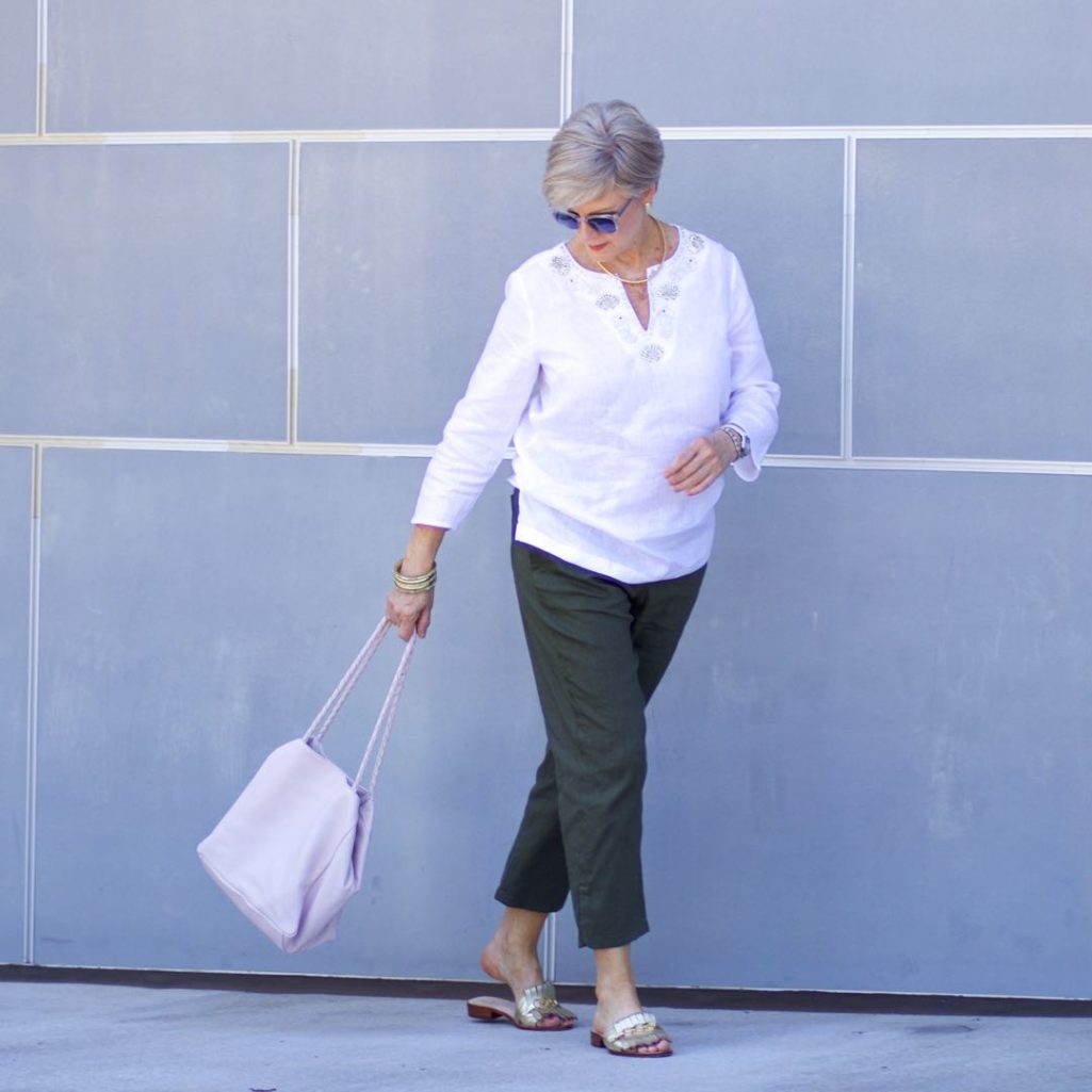 talbots linen tunic, theory linen pants, kate spade sandals, hanner clarke handbag