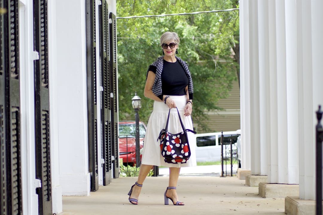 ann taylor skirt, black tee, gingham sandals, marc jacobs tote, j.crew cardigan