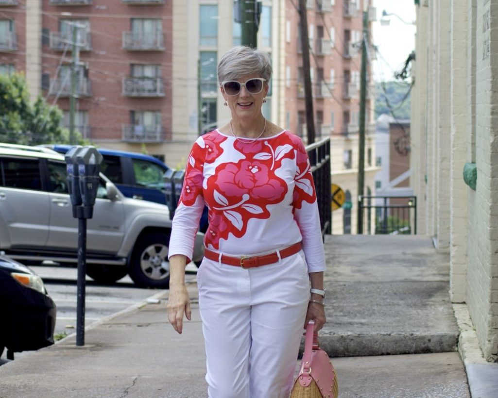 white chinos, tee, white sandals, straw handbag