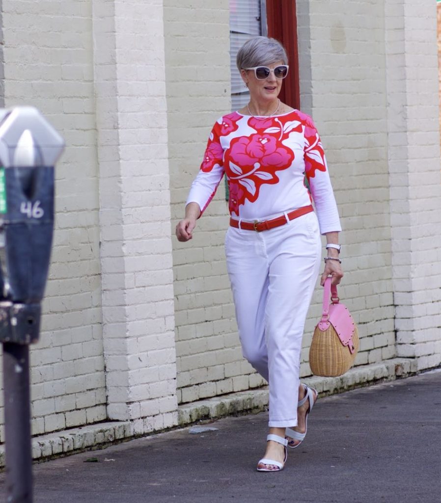 white chinos, tee, white sandals, straw handbag