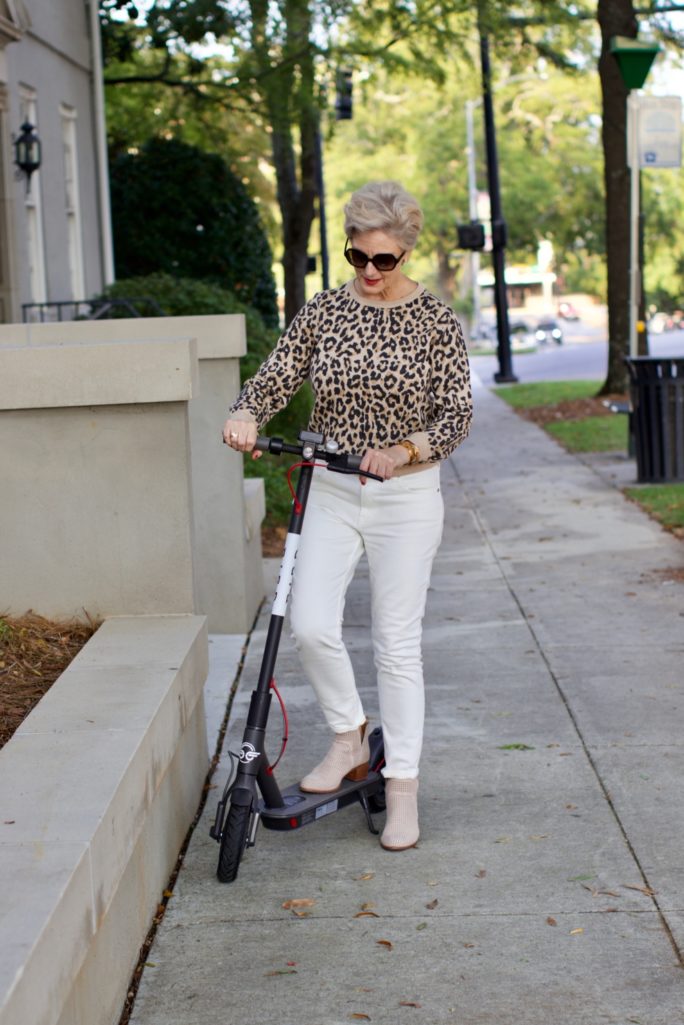 everlane white denim, j.crew leopard sweatshirt, franco sarto booties