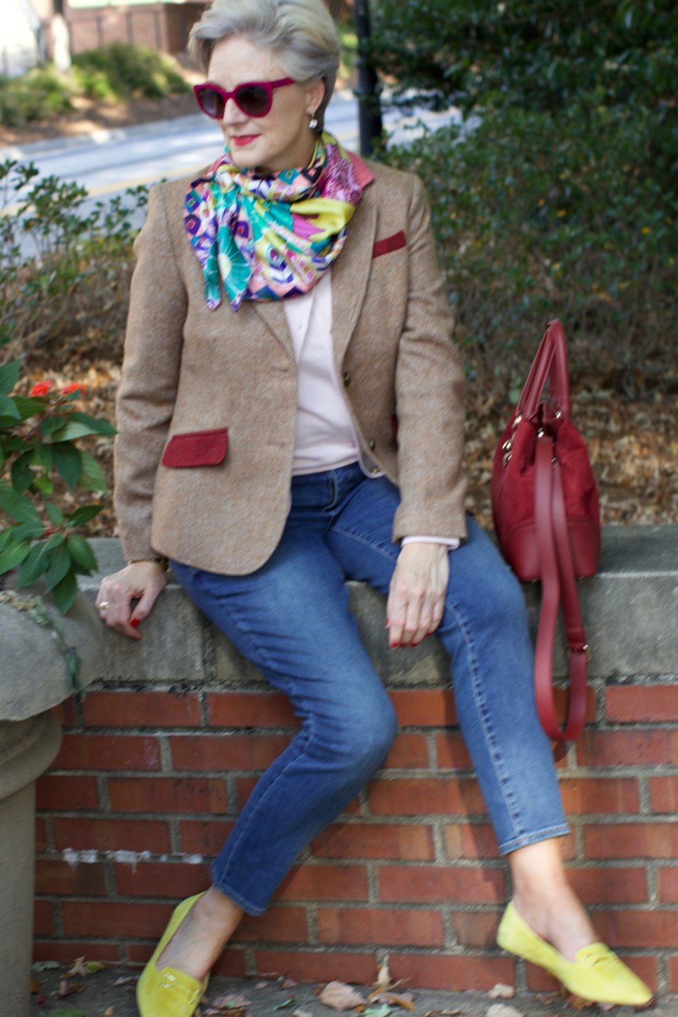 Talbots cardigan, silk scarf, leopard shoes